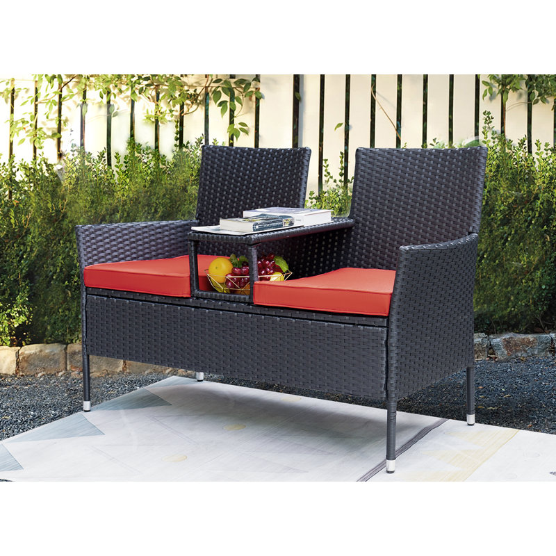 Ensemble de conversation en rotin 3 pièces avec table intégrée pour jardin Margueriez, Rouge
