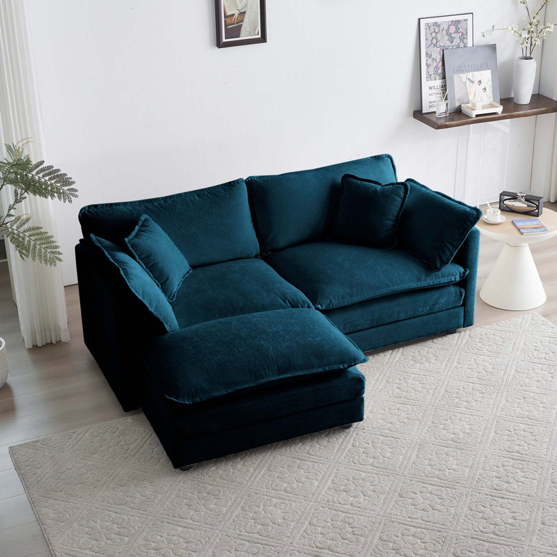 2 Seater L-Shaped Sectional With Ottoman Loveseat Couch, Right Hand Facing, 33" H x 76.7" W x 35", Blue Chenille
