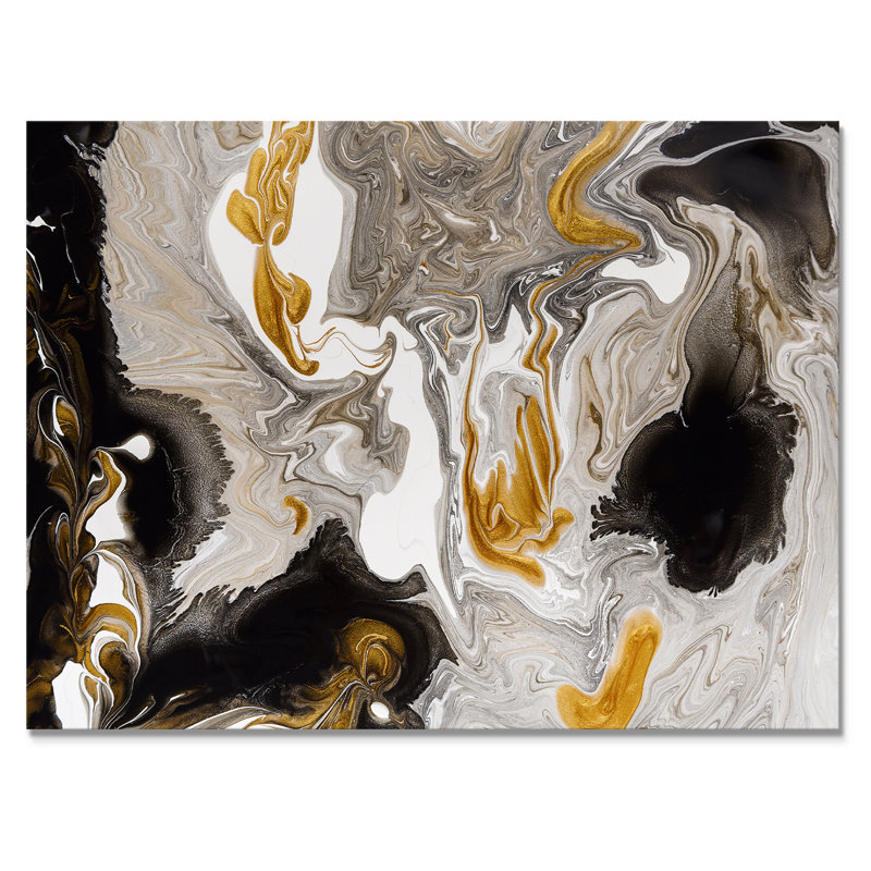 Or et vagues de marbre noir I - peinture sur toile, H 24 po x l 32 po, Toile tendue, Sans cadre