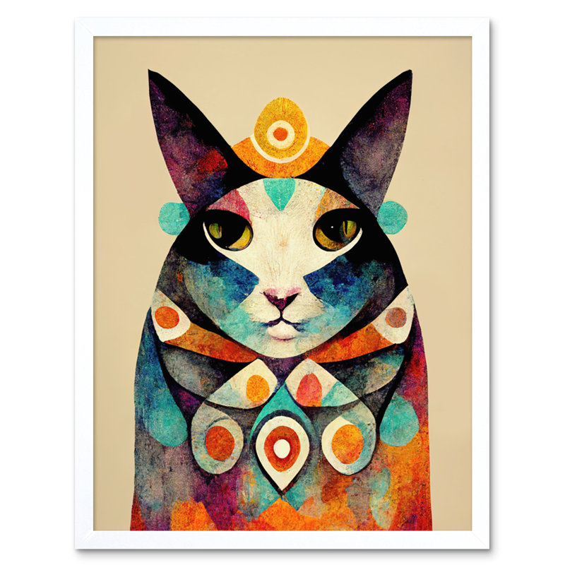 Boho Abstract Modern Shaman Guru Cat - Painting, 25.9cm H x 20.6cm W, White Framed Paper