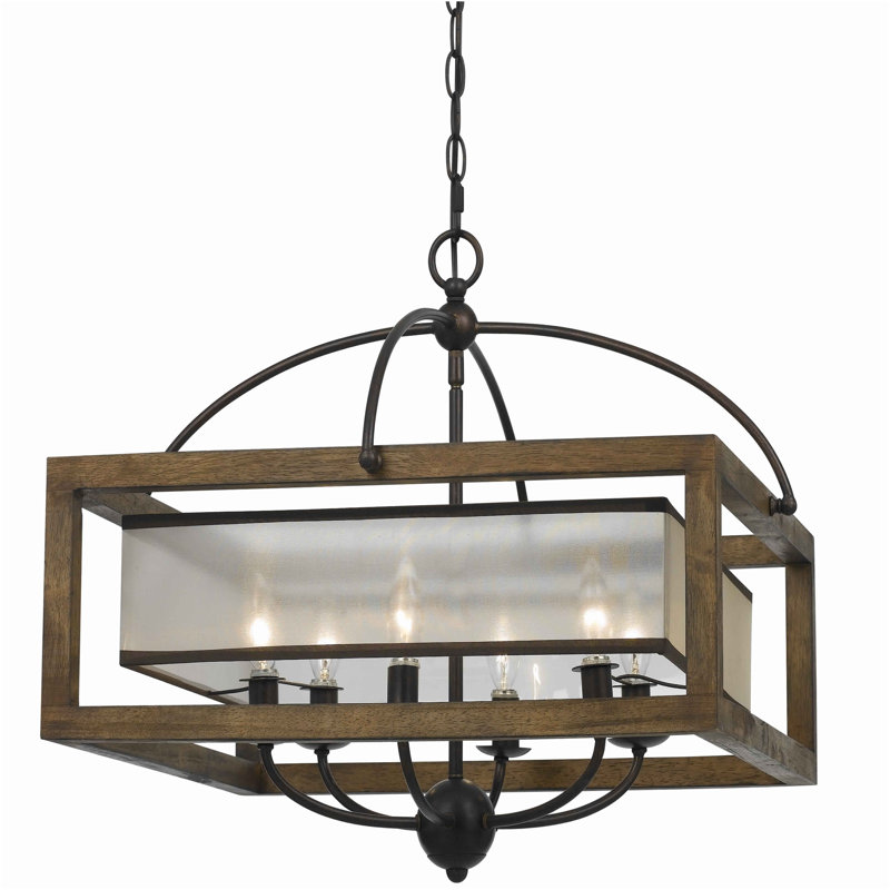 Lustre carré unique à 6 lumières avec détails de bois Jaiceyon