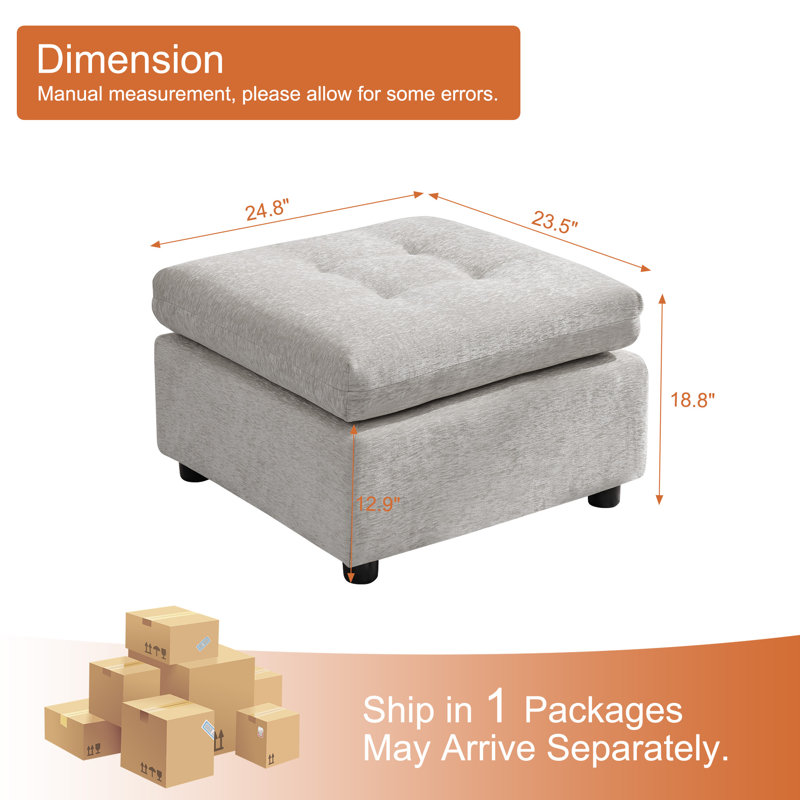 Chenille Tufted Ottoman - Square Accent Stool, Light Gray