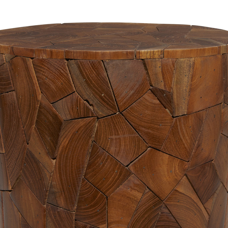 Huzayfah Teak Wood Handmade Side End Brown Accent Table with Mosaic Wood Chip Design