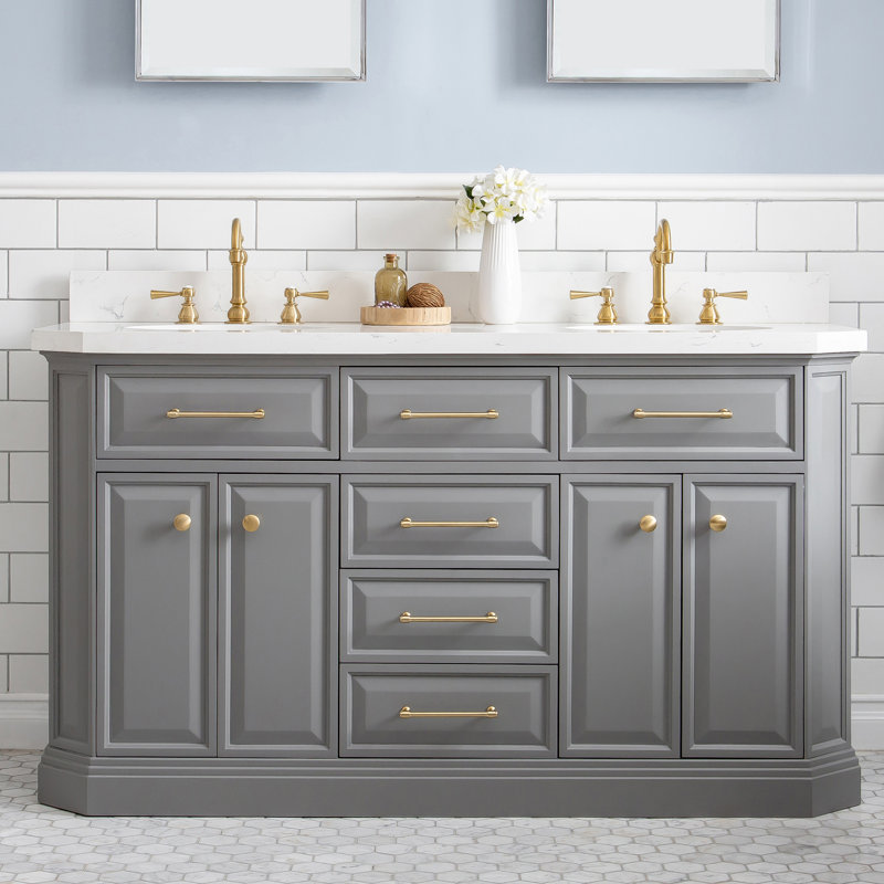 Meuble-lavabo de comptoir en quartz Carrara de 60 po avec robinet Bruning, Gris cachemire