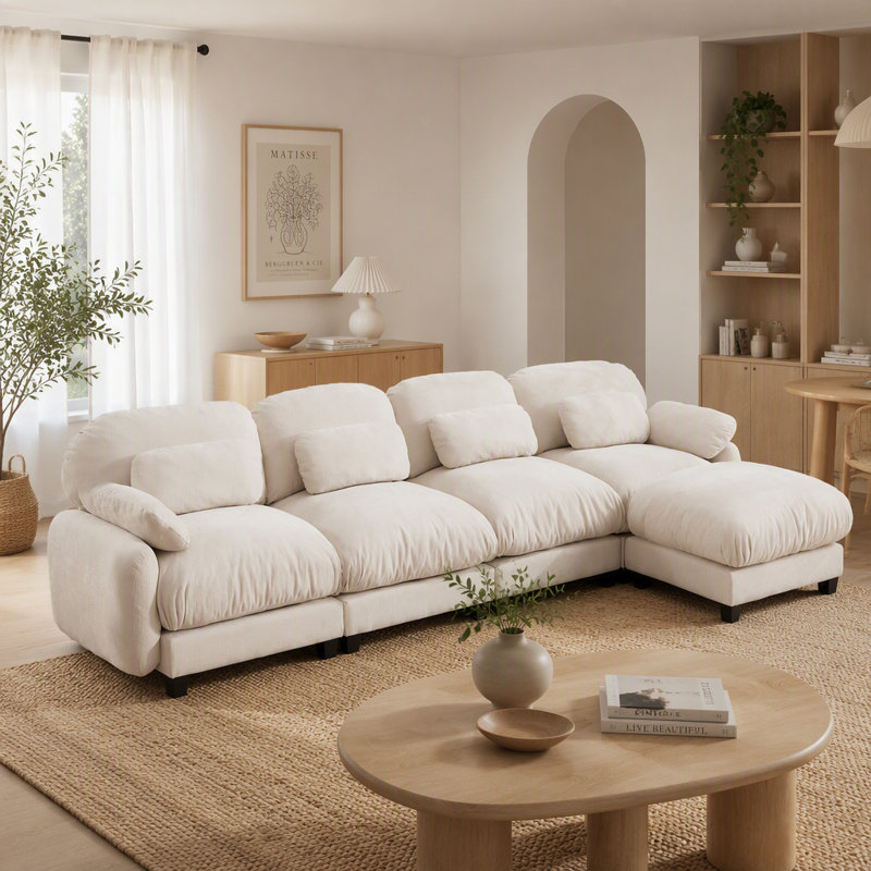 Repose-pieds en L en chenille pour canapé de salon en L 4 places beige, L 136,2 po, Chenille beige