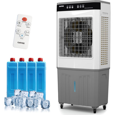 Ventilateur portatif à évaporation avec réservoir de 11,6 gallons - refroidisseur de marais à 3 vitesses avec télécommande, commande tactile, persiennes pivotantes automatiques et 3 coussins de refroidissement latéraux pour la maison, le garage et l'atelier - blanc / gris