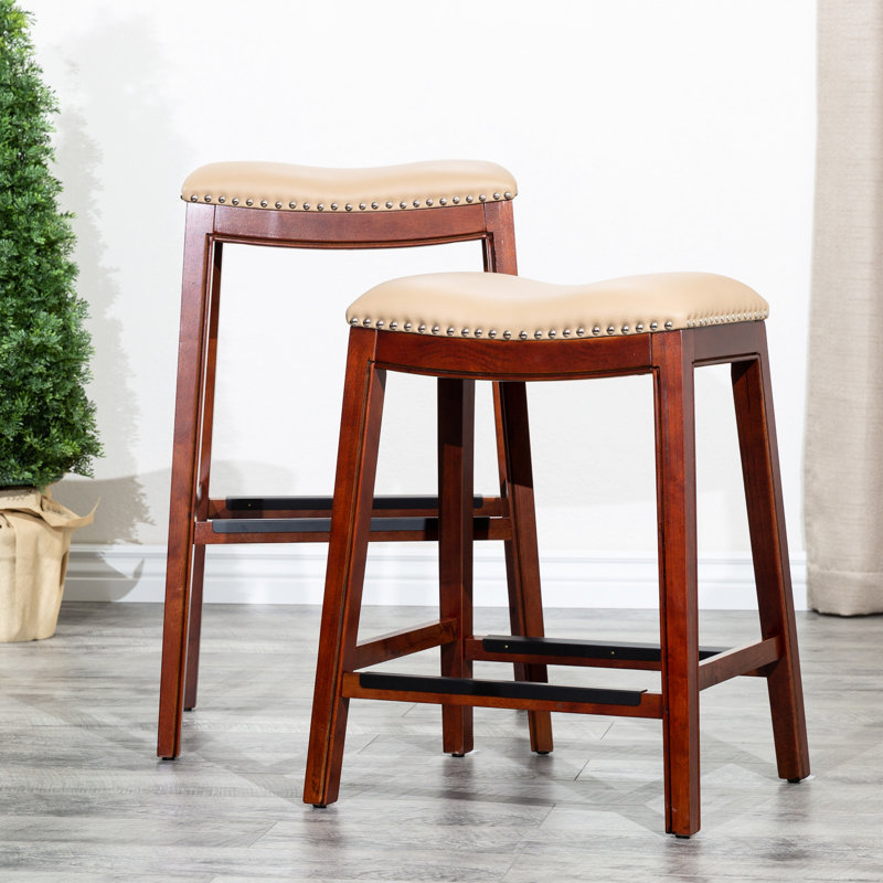 Tabouret de 30 po en cerisier, siège en cuir d'os pour un tabouret de cerisier Space Classy, Beige, Cerisier