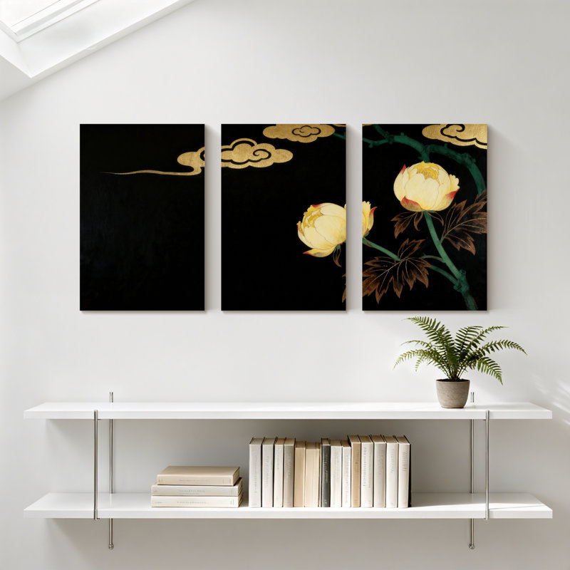 Pivoine sur fond noir, nuages dorés, fleurs jaunes, tige verte, ensemble de 3 impressions sur toile, H 18 po x l 36 po