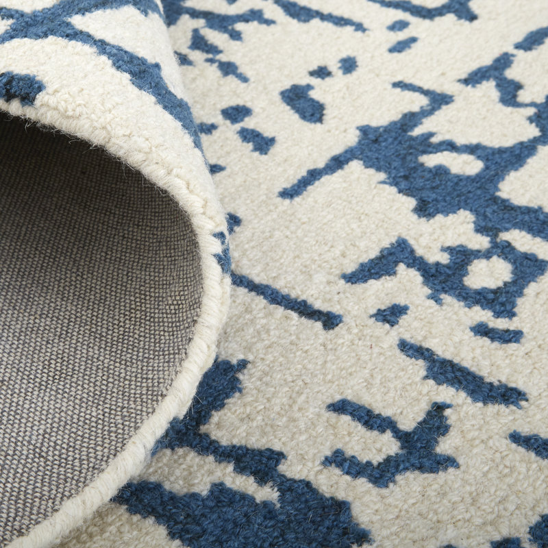 Tapis bleu / ivoire en laine / coton touffeté à la main Emeril, Rectangle 8 pi x 10 pi