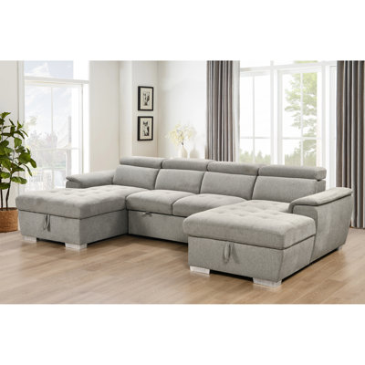 " light gray u-shaped sleeper sofa | oversized 2-in-1 pull-out bed | double storage chaise | perfect for modern living rooms