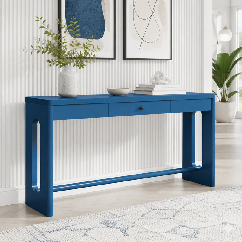 Console en bois de style U avec tiroir et pattes ovales découpés, Marine