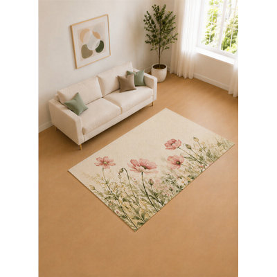 Tapis de jardin coquelicot rose et sauge 5 pi x 7 pi pour salon, tapis doux à poils courts avec envers en silicone antidérapant, décoration pour la chambre à coucher et le bureau personnel
