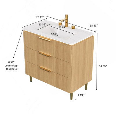 Meuble-lavabo de salle de bain 36 po, meuble de rangement autoportant à bord en contreplaqué ultra-mince à bord courbé, 3 tiroirs, lavabo intégré en pierre frittée blanche, chêne clair pré-assemblé