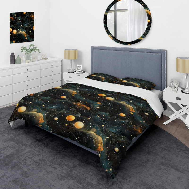 Celestial Constellations Planet Pattern Box Stitch Floral Duvet Cover, King Duvet Cover + 2 King Shams