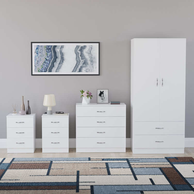Tayce 4 Piece Bedroom Set (3 Drawer Bedside Chest X2, 5 Drawer Chest, 2 Door 2 Drawer Wardrobe), White