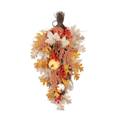 Fall Teardrop Front Door Swag with Pumpkins, Red Berries & Pinecone, Artificial Oak Leaf Harvest Wall Decor