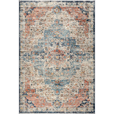 Deja Traditional Power Loom Performance Coral/ Navy Rug