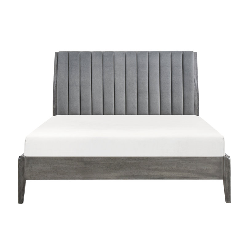 Modern Style Queen Platform Bed 1Pc Velvet Upholstered Headboard Grey Finish Solid Wood Legs Bedroom Furniture Bed In A Box