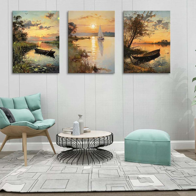 Farmhouse Sunset Canvas Wall Art For Living Room Nature Landscape Wall Paintings., 40 cm H x 90 cm W