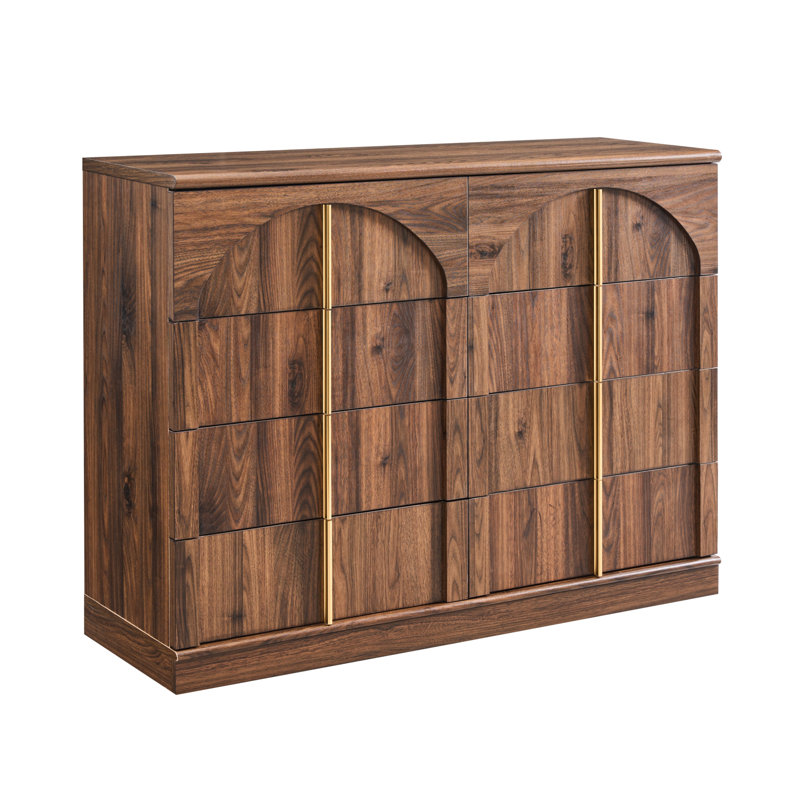 Commode moderne 8 tiroirs, commode de chambre à coucher avec panneau arqué, Brun