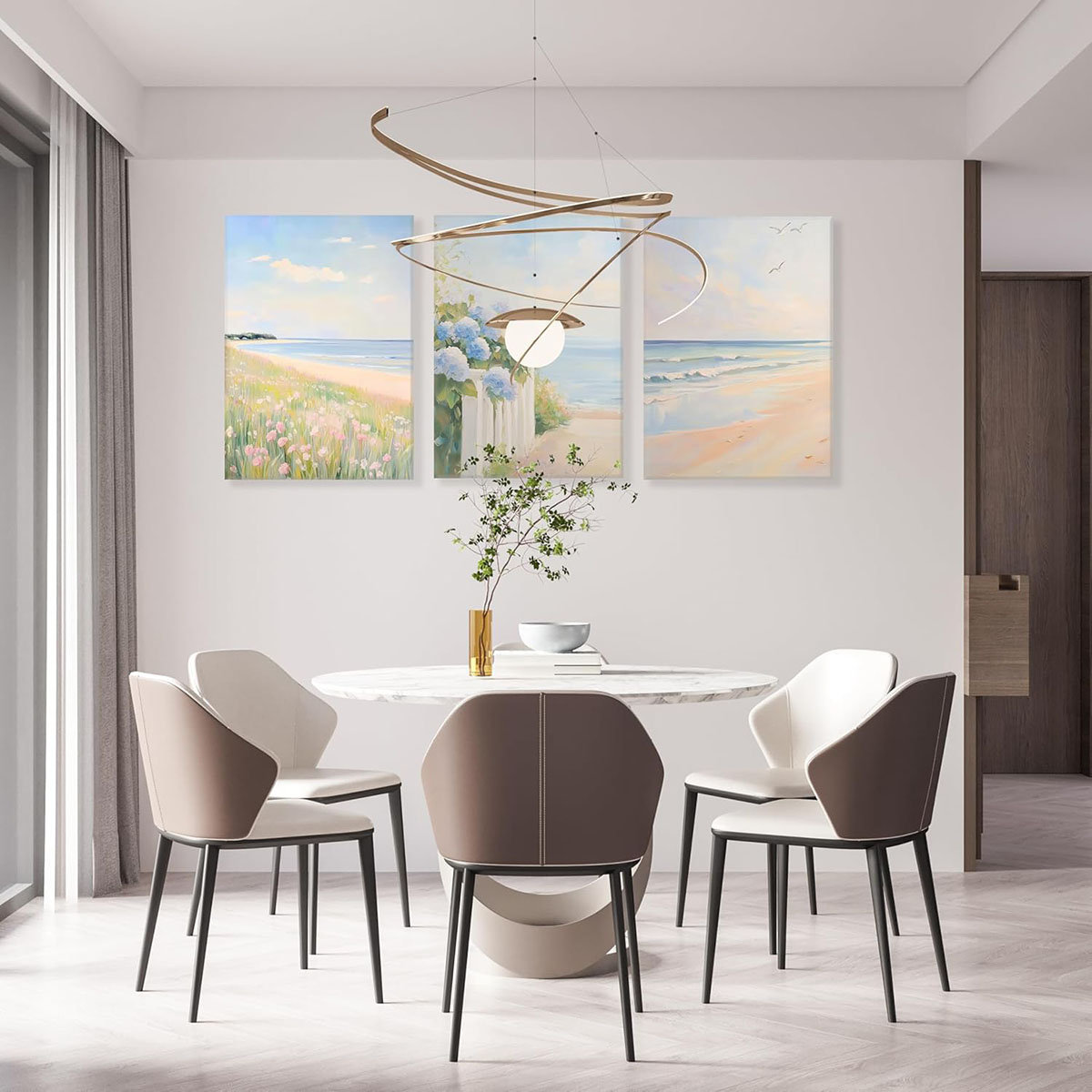 Highland Dunes 3Pcs Pastel Coastal Wall Art Pink Beach & Blue Hydrangea ...