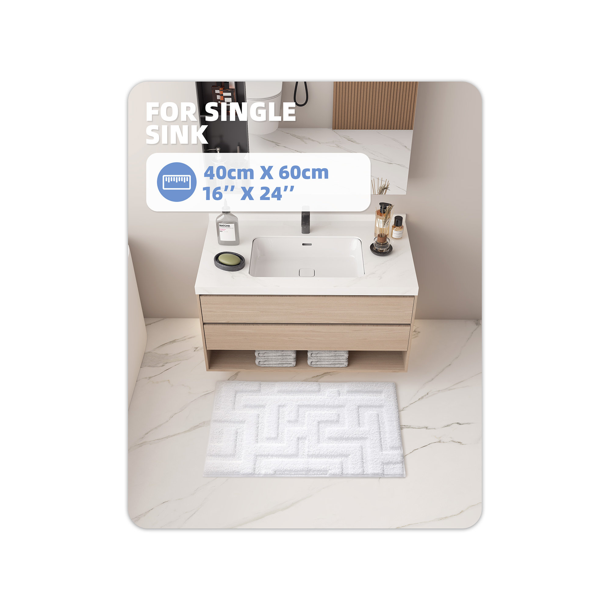 Non-Slip Bath Rug, 16" L x 24" W, White