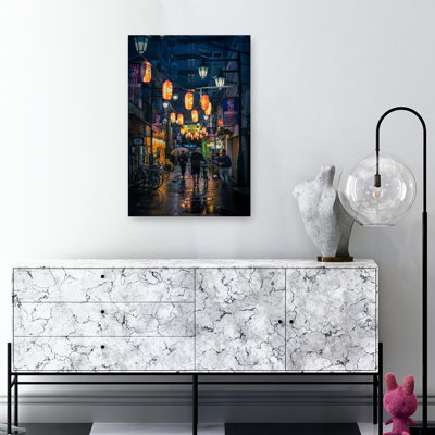 Rainy Japanese Lantern Street Dramatic Traditional Vibrant City Wall Art Print 1 Piece Wrapped Canvas Wall Art
