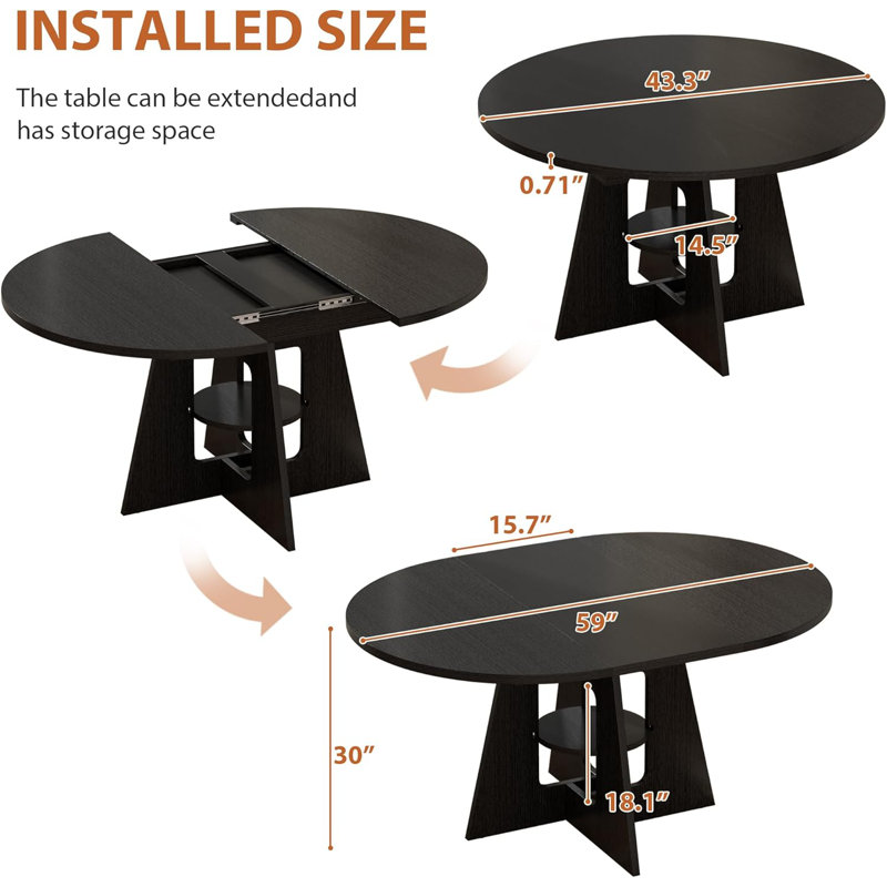 Extendable Dining Table for 8, Space-Saving Extendable Kitchen Table, Round Dining Table with Hidden Storage, Dining Room Table WIth Thickened Solid Wood Top, Black