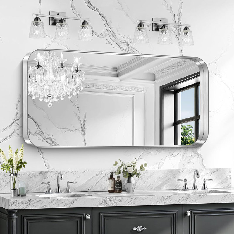 Miroir de salle de bain Silver, Argent argent, 48 po x 24 po, Coin arrondi
