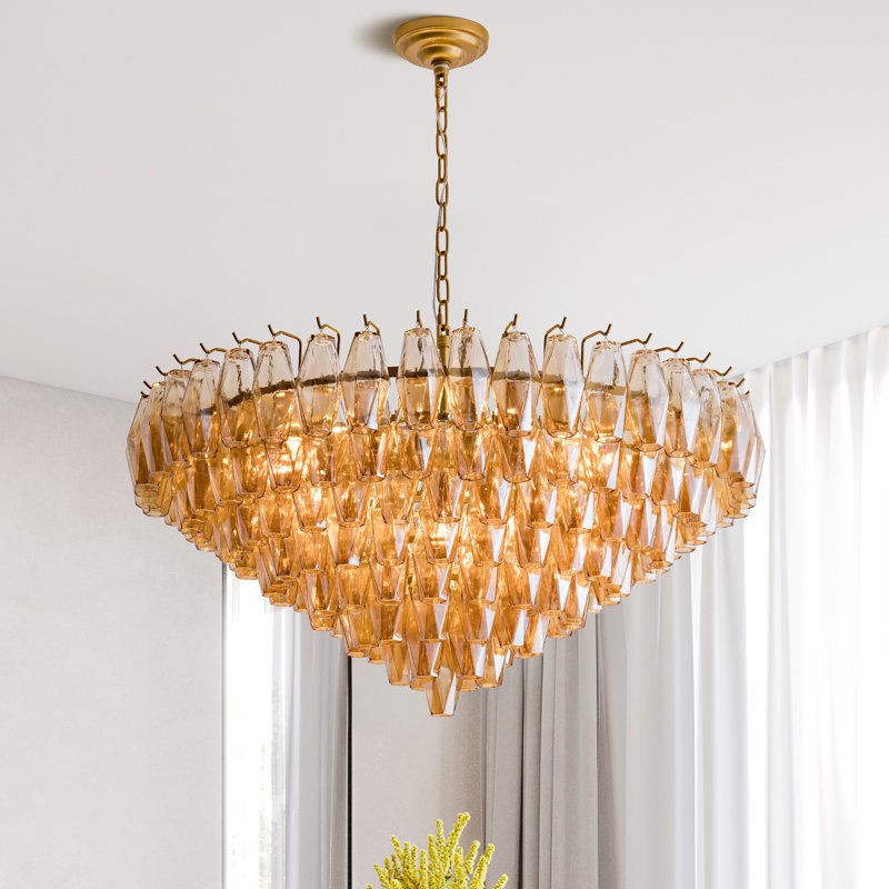 Angulo 14 - Light Modern Round Chandelier Ceiling Light Pendant Lighting Fixture with Tiered Smoke Glass Tubes, Gold