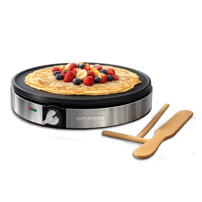 Crêpière électrique Gourmia de 12 po, antiadhésive avec contrôle de la température, voyants lumineux, spatule et épandeur de pâte
