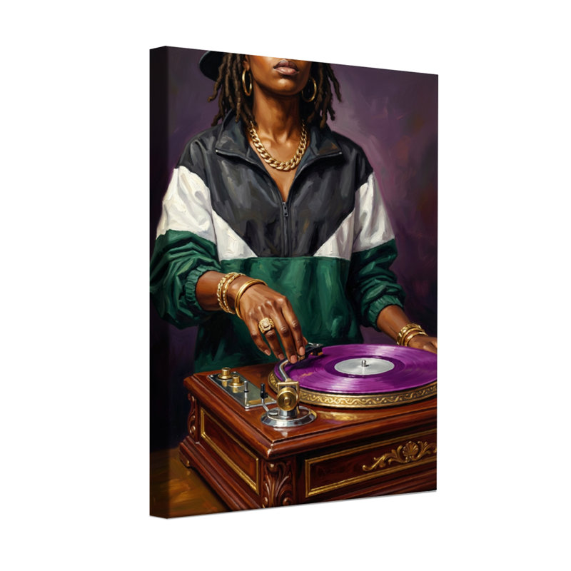 Abstrait dj avec vinyle mauve sur platine vintage, H 18 po x l 12 po