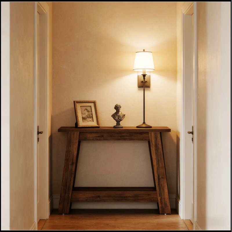 Console rustique, table d'entrée à 2 niveaux, canapé étroit avec design distinctif et rangement polyvalent