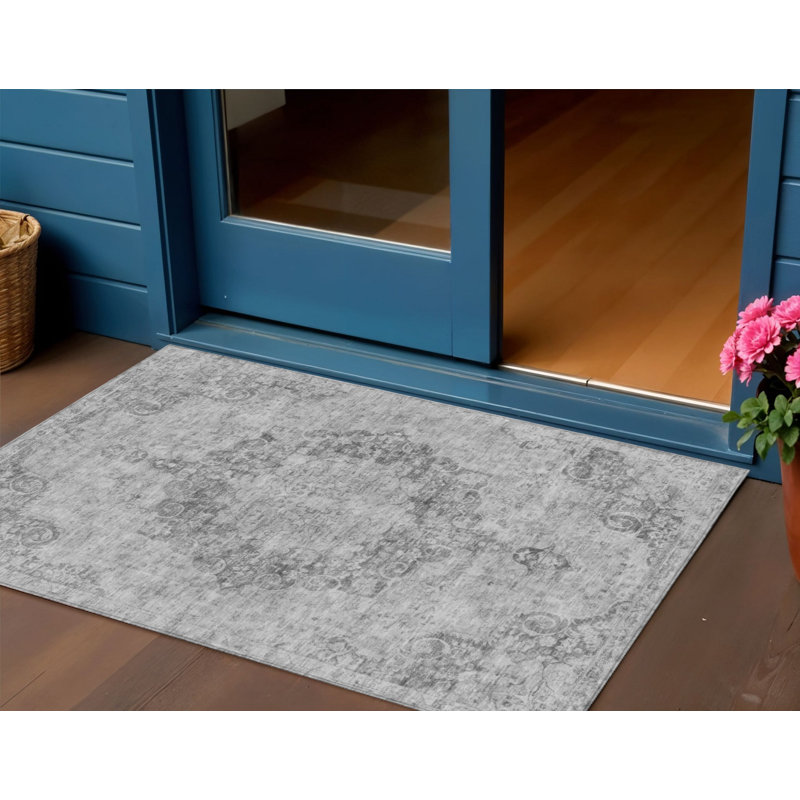 3' X 5' Silver Floral Medallion Washable Indoor Outdoor Area Rug