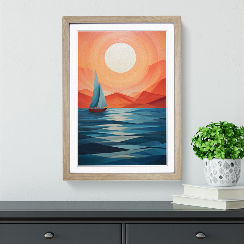 Seascape Geometric - Single Picture Frame Print on Wood, Oak, 34cm H x 25cm W x 2cm D