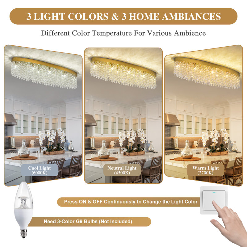 Luxury Oval Gold Crystal Flush Mount Ceiling Light, Hammered Gold K9 Crystal Chandelier For Kitchen, Dining Room, And Living Room