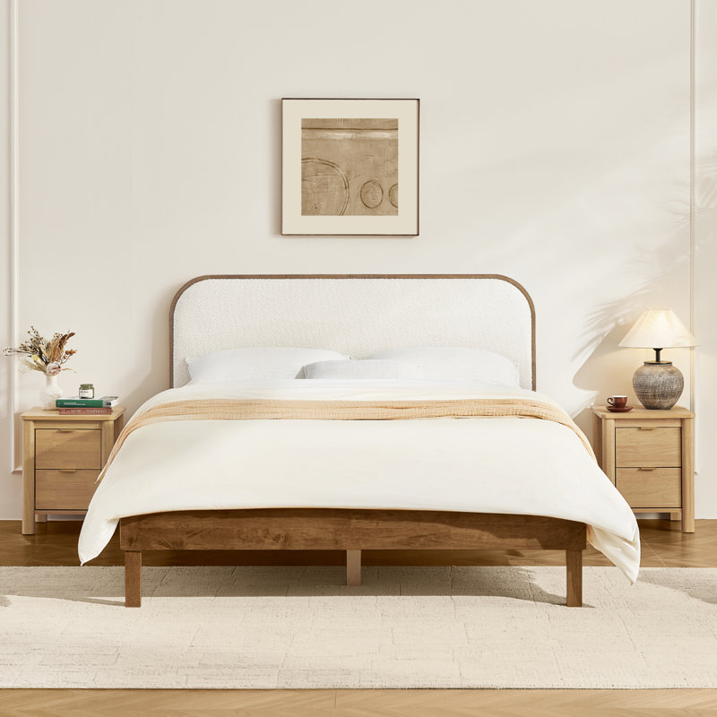Mid-Century Solid Wood Boucle Upholstered Headboard Bed Frame, Queen, Walnut
