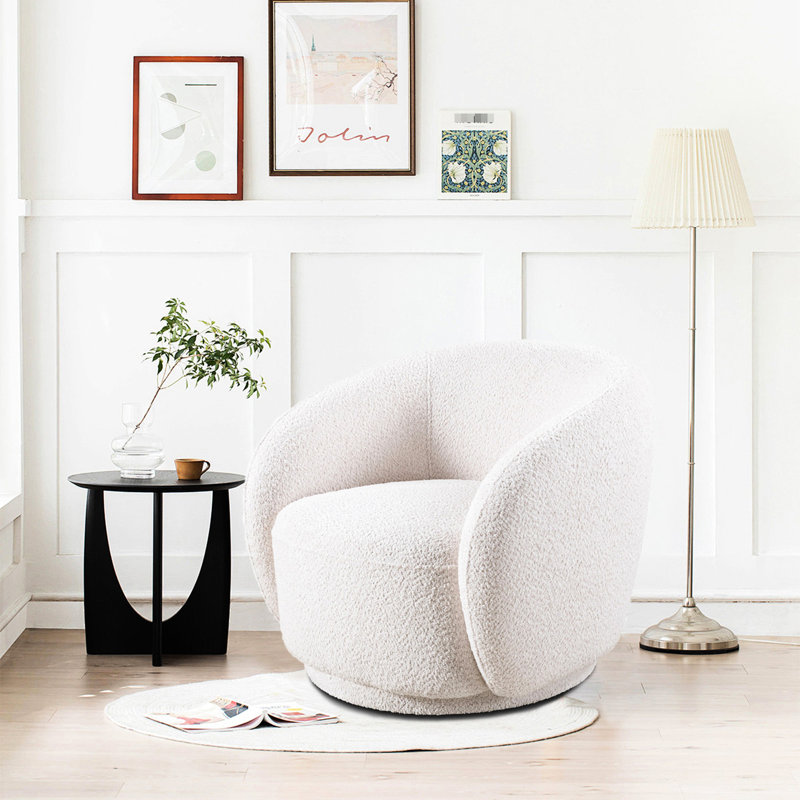 Fauteuil pivotant moderne 360 ° pour espace de vie, tissu Boucle, base en bois massif, fauteuil en tissu blanc avec fonction, structure, pièce