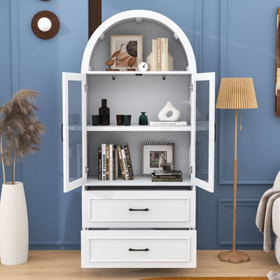 Vitrine arquée moderne avec portes en verre, tablettes et tiroirs, bibliothèque autoportante pour le salon, bureau
