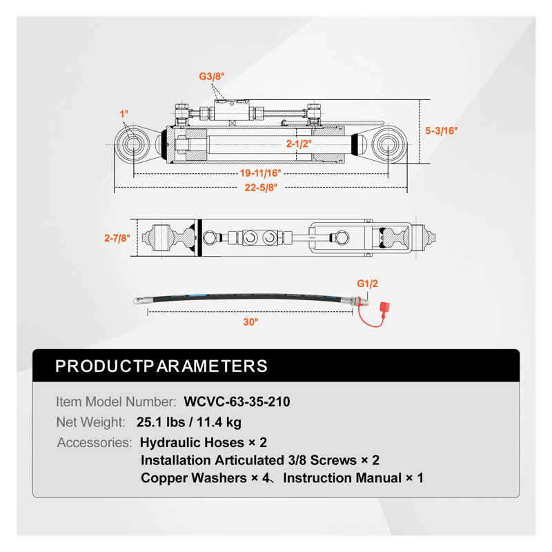 Vérin hydraulique supérieur robuste pour tracteurs Cat.1 - Attelage 3 points réglable avec clapet anti-retour et tuyaux à haute étanchéité