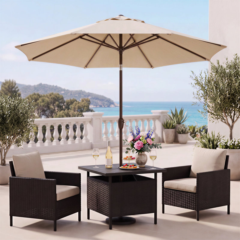 Table d'appoint carrée en osier pour patio avec trou pour parasol, Noir