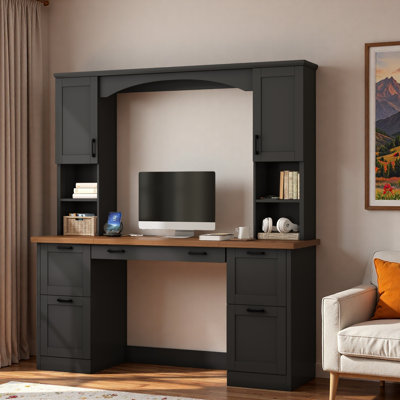 Bureau d'ordinateur Farmhouse Arched avec station de charge, plateau à clavier, tiroirs classeurs, armoires et tablettes ouvertes
