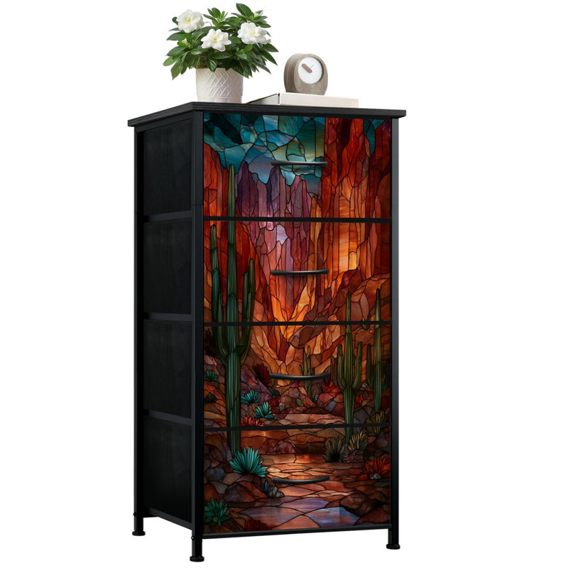 Commode de style occidental avec 4 tiroirs de rangement, commode de style Cactus Saguaro, commode en acier avec cadre en acier pour vestibule