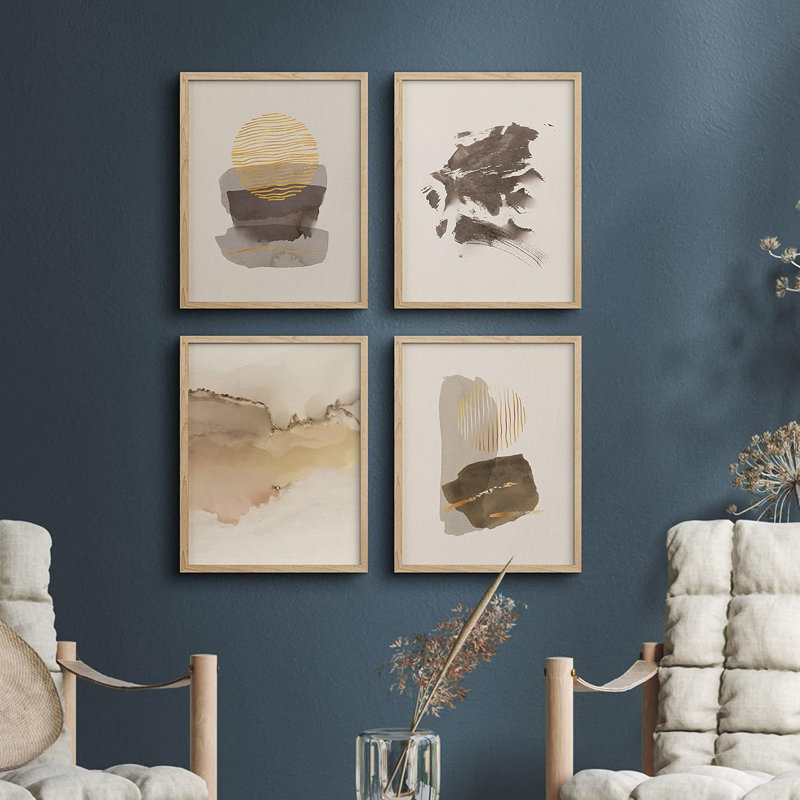 Coups de peinture pastel brun et jaune - ensemble de 4 reproductions de cadres photo simples, Naturel, H 14 po x l 11 po