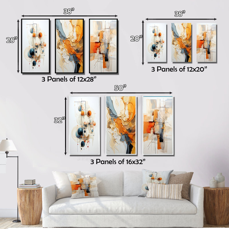 Sarcelle orange, dessin au trait, symbolisme conceptuel - art mural, ensemble de 3, Cadre flottant blanc, H 40 po x l 60 po