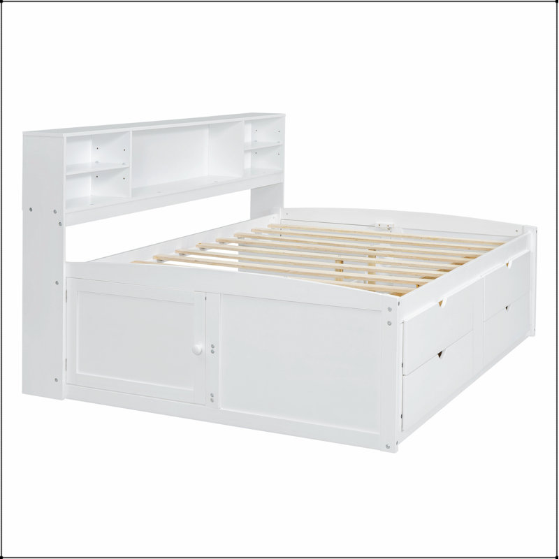 Lit de jour en bois avec 2 armoires de chevet, tablettes supérieures et 4 tiroirs, Blanc