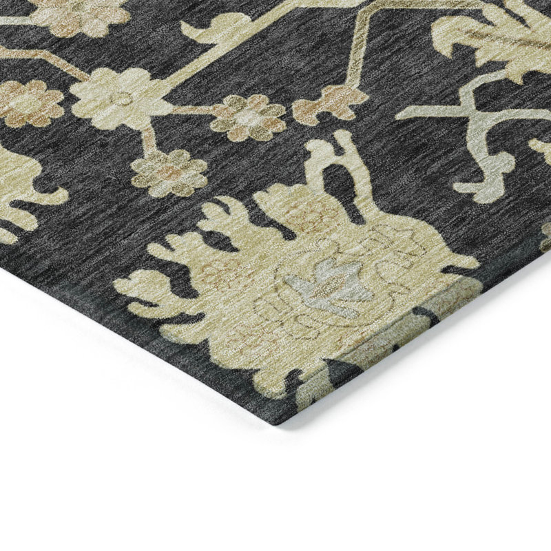 Black and Beige Washable Rectangular Indoor/Outdoor Rug