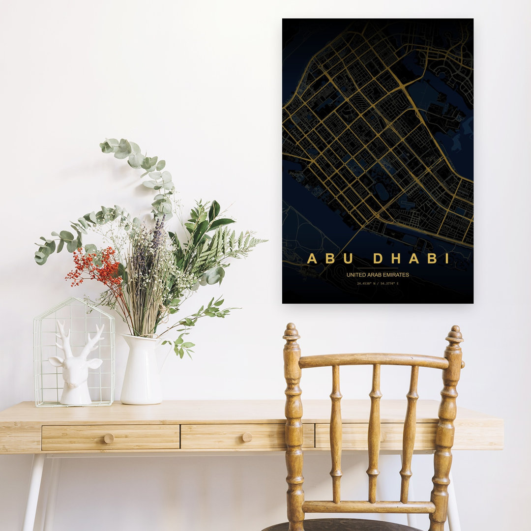 Golden Abu Dhabi Map Abstract Geometric Modern City Wall Art Print