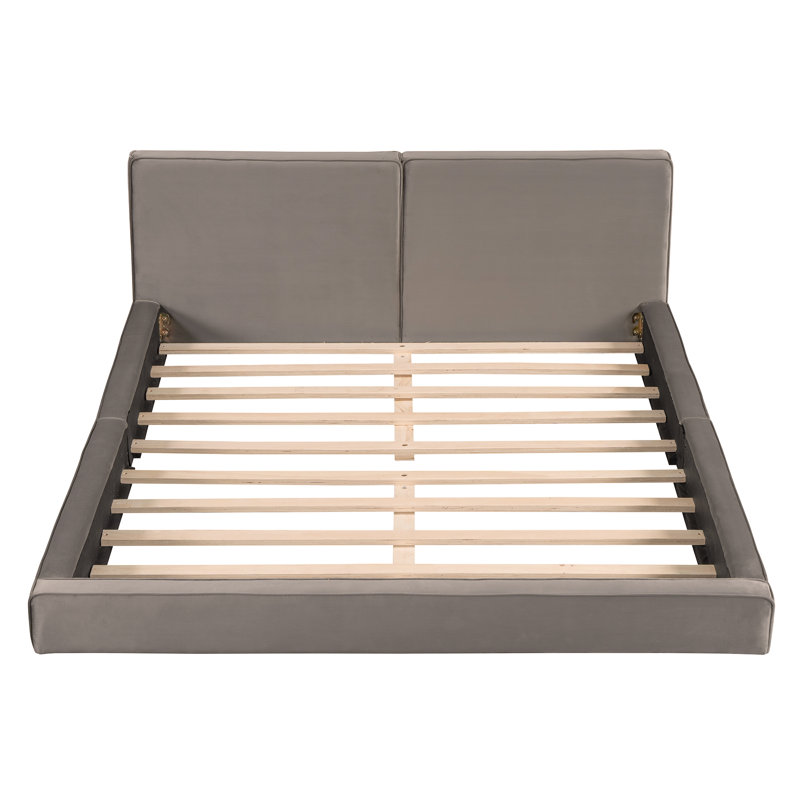 Lit plateforme tapissier avec tissu en velours, lit au sol avec structure solide,
