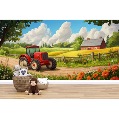 Papier peint champ de ferme lumineux avec tracteur